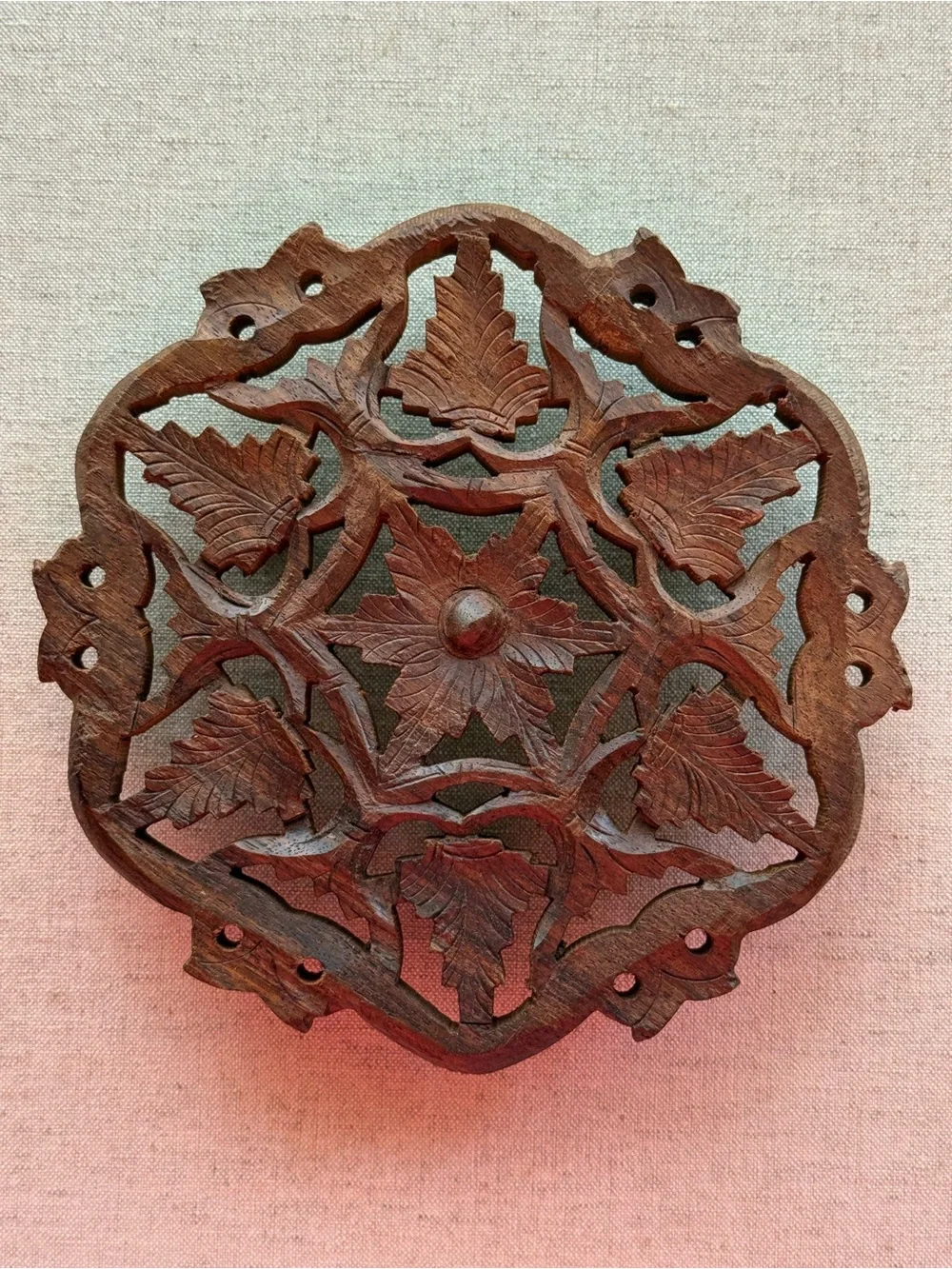 CARVED WOOD FLORAL TRIVET